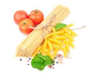 spaghetti and spices isolated on white background, food