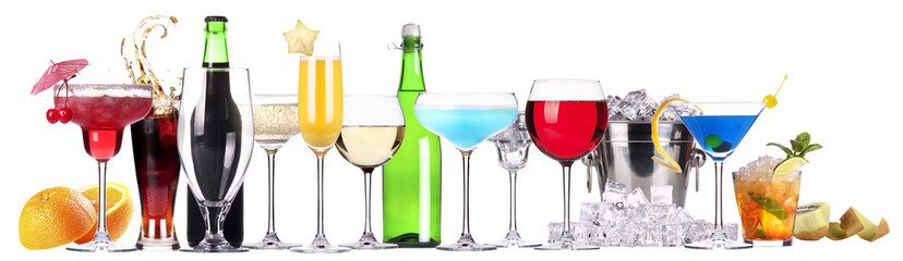 Set of different alcoholic drinks and cocktails