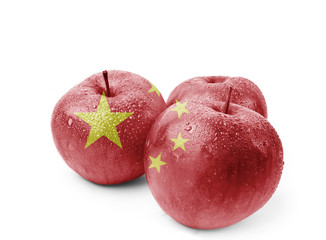 China flag on three apples isolated on white