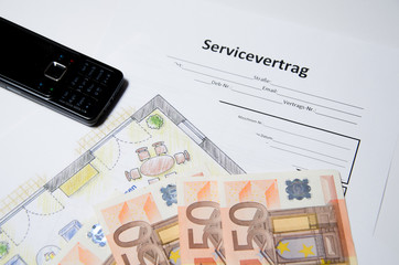Servicevertrag mit Grundriss, Handy, %0 Euro Scheine
