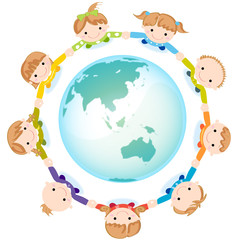 手をつなぐ子供たちと地球（黒線なしバージョン）