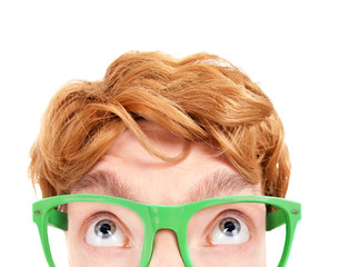 Funny nerdy guy looking up