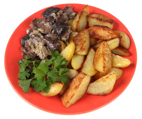 Fried potato, mushrooms and parsley.