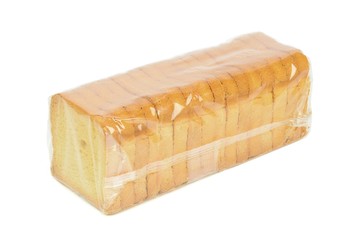 A sealed packet of crispbread slices on a white background