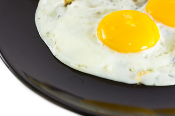 Fried egg on black plate