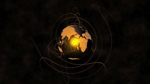 Orange earth spinning with lines emulating from it