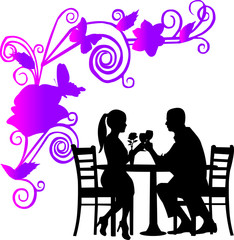 Background with flowers and romantic couple in restaurant
