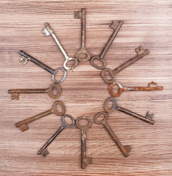 Old rusty keys on a wooden surface
