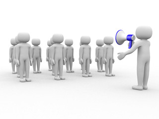 3d person speaking at megaphone in front of the crowd