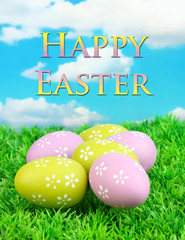 Colorful easter eggs on grass