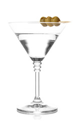 Martini glass and olives isolated on white