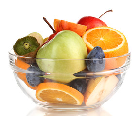 Glass bowl with fruit for diet isolated on white