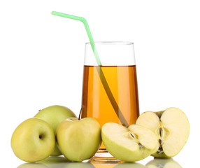 Useful apple juice with apples around isolated on white