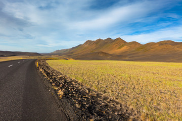 Fototapeta na wymiar Highway through Iceland field landscape under a blue summer sky.