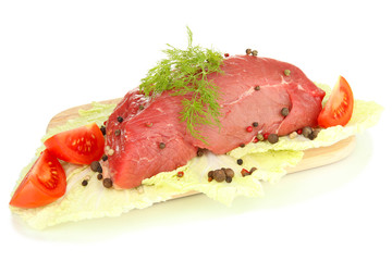 Raw beef meat marinated with herbs and spices isolated on white