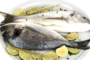 Two fish dorado with lemon on plate isolated on white