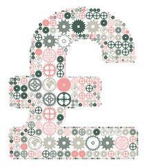 British pound sign made of colored gears.
