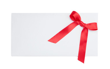 Blank card tied with a bow of red ribbon, isolated