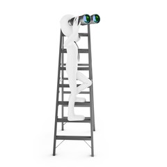 3d man with binocular on a ladder