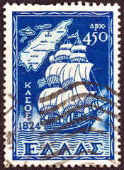 Obraz premium Sailing ship and a map of Kasos island, Dodecanese (Greece 1947)