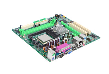 Printed computer motherboard board, isolated on white background