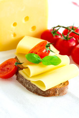 Sandwich with cheese and tomatoes on tablecloth