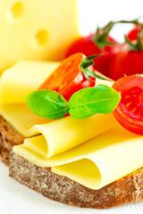 Sandwich with cheese and tomatoes close up