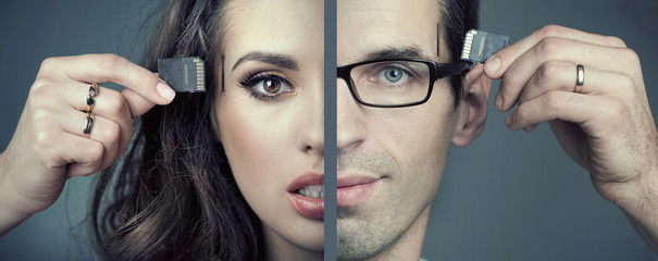 Man and woman inserting SD cards