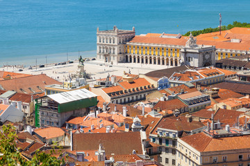 Obraz premium Bird view of Lisboa downtown. Commerce square and Tagus river
