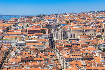Fototapeta na wymiar Bird view of Lisboa downtown. Baixa, Rossio and Chiado rooftops