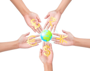 hand holding different currency symbols