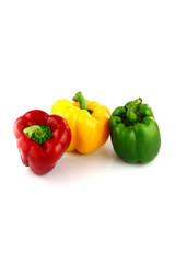 A Bell peppers Three colors on white Background.