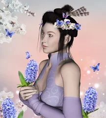 Poster Im Rahmen Schönes asiatisches Mädchen mit Hyazinthe in ihren Händen © EllerslieArt