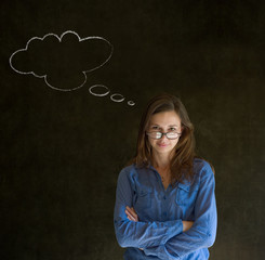 Woman with thought thinking chalk cloud