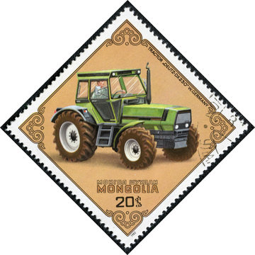 stamp printed in Mongolia shows a Old tractor