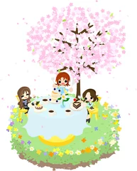 Papier Peint photo Monde magique Profitons de l& 39 observation des cerisiers en fleurs tout en mangeant un gâteau sous les belles fleurs de cerisier.