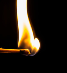 Burning match with a black background.