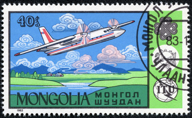 stamp printed in Mongolia showing airplane