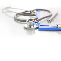 Stethoscope with blue medical clipboard