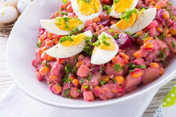 Red beet salad with egg