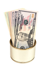 US dollars bills in metal can isolated on white background