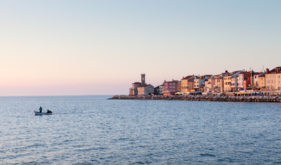 Cityscape of Piran at sunset, Slovenia, Europe