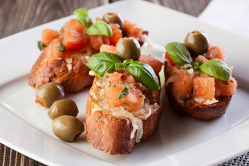 Bruschetta with olive. Selective focus