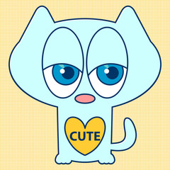 Cute blue kitty in love romantic illustration