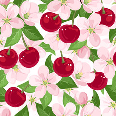Vector seamless pattern with cherry berries and flowers.