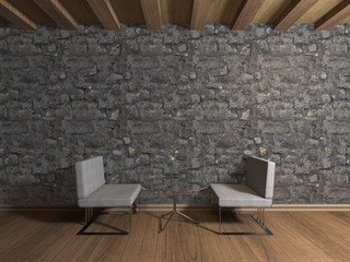 Wohndesign - Sitzgelegenheit vor Naturstein Mauer