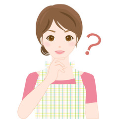 女性　エプロン　ハテナ　疑問