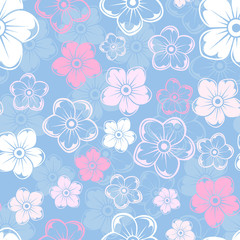 Vector seamless pattern with white and pink flowers on blue.
