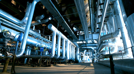 Industrial zone, Steel pipelines and cables in blue tones