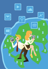business computer and networking on the world, cartoon vector